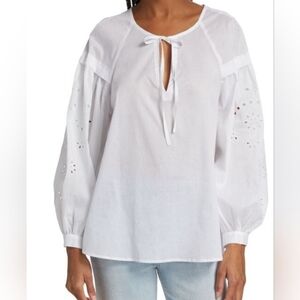 RAILS $218 Dari Eyelet Embroider Drop Shoulder Long Sleeve White Cotton Top NWT